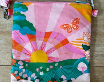 Zippered Crossbody Hello Sunshine Bag ~ Adjustable Straps ~ Pink Canvas Bottom ~ Ruby Star Society Fabrics Melody Miller Rise and Shine