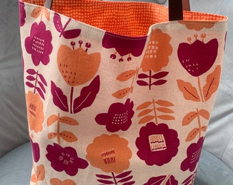 Tote Bag leather straps handmade Free Shipping purse handbag Orange Fuchsia Flowers