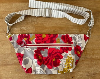 Fanny Pack Bum Pack Crossbody Gorgeous Red Roses with gray and white stripe strap  Small Size