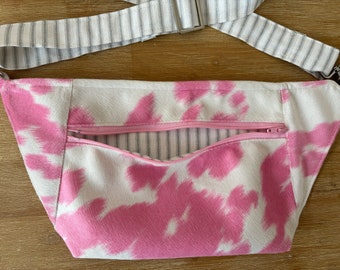 Fanny Pack Bum Pack Crossbody Amazing Faux Pink fur  with gray and white stripe strap  Small Size Barbie Core barbie Pink