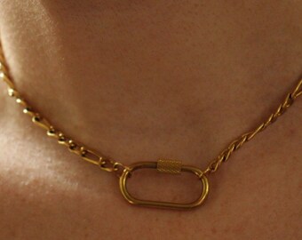 Gold Toned Stainless Steel Hypoallergenic Upcycled Carabiner Chain Necklace Charm Choker
