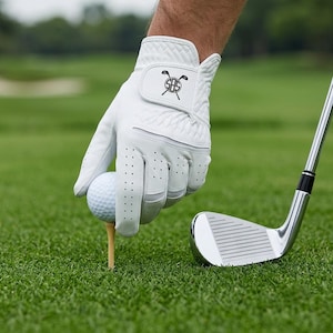 May include: A white golf glove with perforated fingers and a quilted texture on the back of the hand. The adjustable wrist strap features a black circular logo with the letters SBS and two crossed golf clubs. A white golf ball sits on a wooden tee.