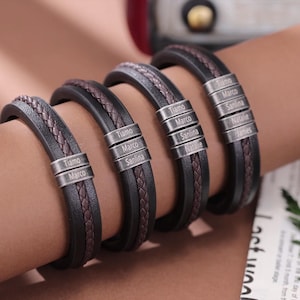Pulsera de cuero trenzada personalizada para hombre, pulsera con nombre de familia, pulsera con nombre de niño grabado, pulsera para papá, regalo para esposo, regalo para el Día del Padre.