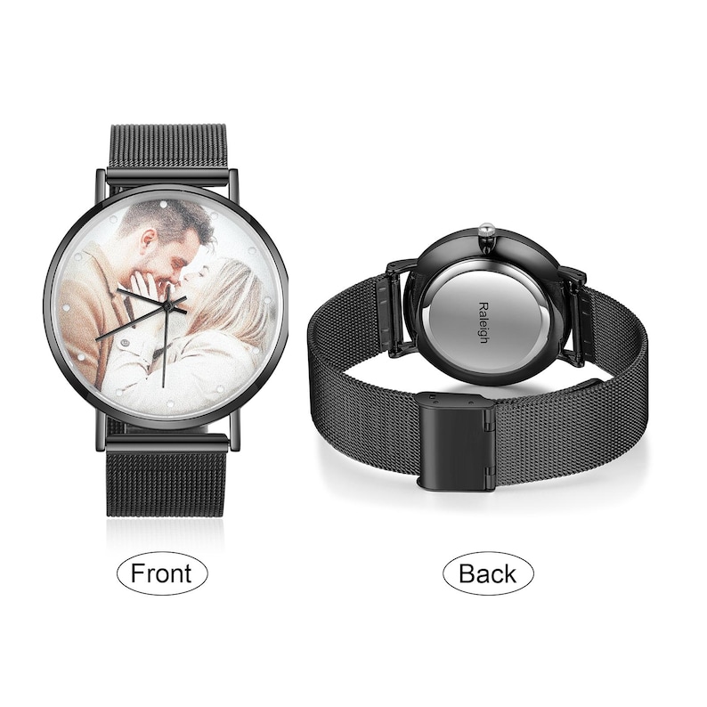 Custom photo watch for women,family photo watch,engraved text watches for her,picture watch,anniversary gifts for wife, girlfriend,mom Black