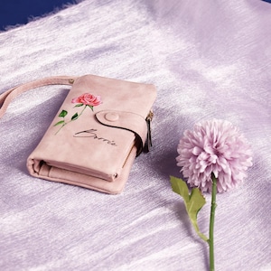 Cartera de cuero personalizada para mujer, billetera personalizada con nombre y flor de nacimiento, regalos para mamá, regalos para ella, billetera hecha a mano