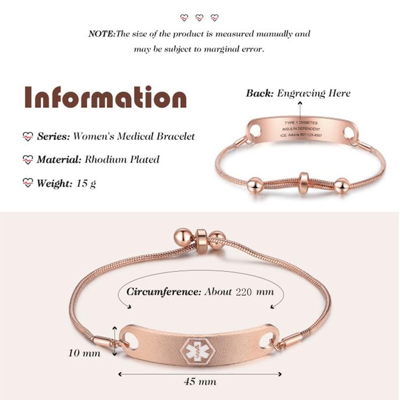 Personalized medical alert bracelet for women, autism, dementia, diabetic, medical id bracelet,custom medical jewelry, Style 1