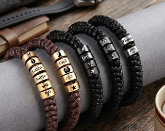 Verstellbares Herrenarmband, graviertes Lederarmband, gewebtes Armband für Männer, Geschenk für Ehemann, Vaterarmband, Vatertagsgeschenk