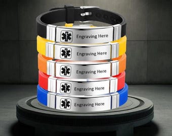 Adjustable medical alert bracelet 5 colors- custom engraved silicone bracelet - emergency contact sos medic id name