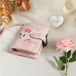 Gepersonaliseerde leren damesportemonnee aangepaste geboortebloem en naam damesportemonnee, cadeaus voor moeder, cadeaus voor haar, handgemaakt portemonneecadeau