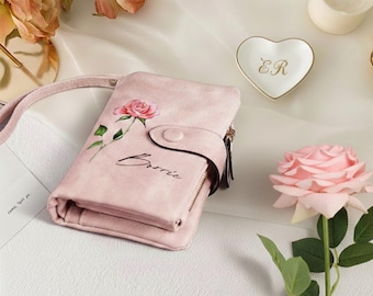 Personalisierte Damen Leder Geldbörse nach Geburt Blume & Name Frauen Geldbörse, Geschenke für Mama, Geschenke für sie, handgemachte Brieftasche Geschenk