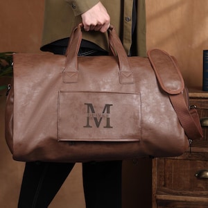 Custom Men&#39;s Brown Leather Duffle Bag,travel bag men,Engraved Name Weekender Bag,Travel Bag for Him,Guy Birthday Gift,Christmas Gift