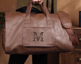 Bolso de viaje de cuero marrón personalizado para hombre, bolso de fin de semana con nombre grabado, bolso de viaje para él, regalo de cumpleaños para hombre, regalo de Navidad.