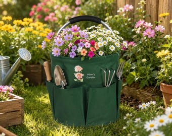 Custom Birth Flower Garden Tote Bag, Personalized Gardener Gift, Polyester Tool Carrier