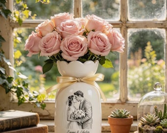 Personalisierte Foto Blumenvase, Custom Line Portrait Keramikvase, Hochzeitstag Geschenk, Verlobungsgeschenk für Frau, Muttertagsgeschenk