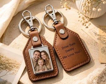Personalized Photo Keychain, Leather Keychain With Photo, Custom Leather Key Ring, Gifts for Dad, Husband, Boyfriend, Anniversary Gift