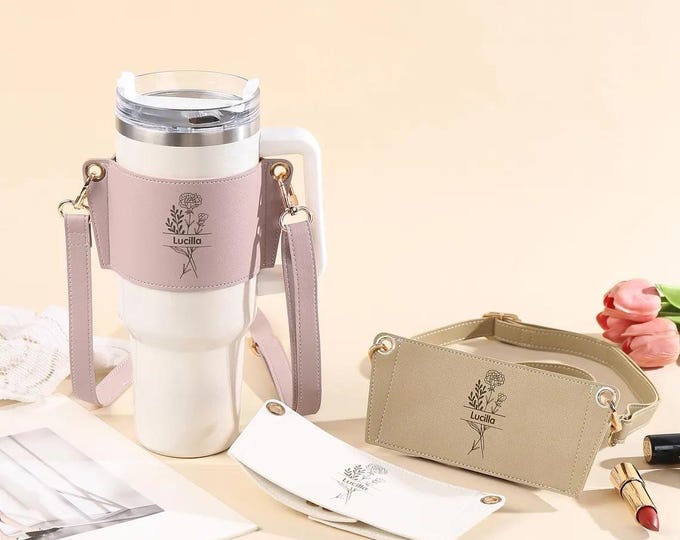 Custom leather cup holder with adjustable strap,water bottle carrier for women,water bottle holder,cup carrier accessories,gift for her