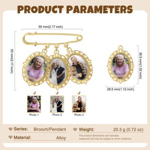 May include: A gold-colored brooch/pendant with three oval photo frames and a single oval frame. The frames are 55 mm (2.17 inches) long and 38.5 mm (1.52 inches) wide. The brooch weighs 20.3 g (0.72 oz).