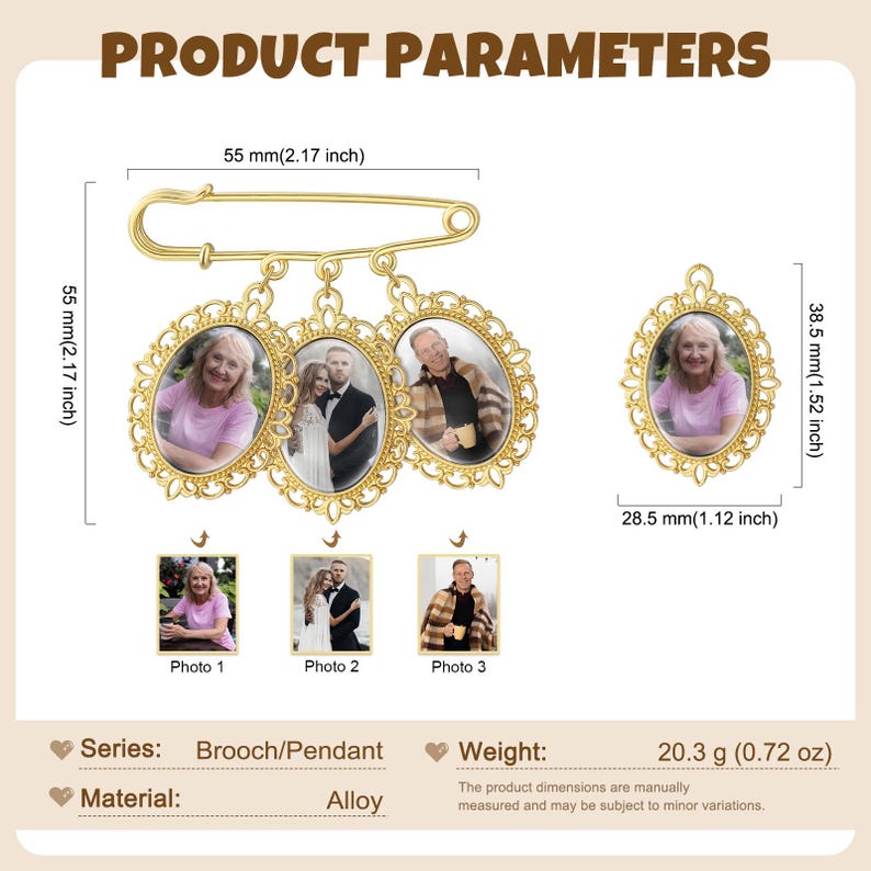 May include: A gold-colored brooch/pendant with three oval photo frames and a single oval frame. The frames are 55 mm (2.17 inches) long and 38.5 mm (1.52 inches) wide. The brooch weighs 20.3 g (0.72 oz).