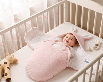 Personalisierter Baby Schlafsack, Gestickter Name Swaddle Sack mit Kaninchen Ohr, Flanell Neugeborenen Schlafsack, Babypartygeschenk, Neugeborenen Geschenk