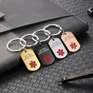 Custom medical alert keychain 4 colors - medical id tag engraved keychain - ice tag