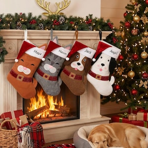Peut inclure: Quatre bas de Noël en forme de chat et de chiens, chacun portant un bonnet de Père Noël. Les bas sont marron, gris et blancs, avec des noms brodés sur les chapeaux. Ils sont suspendus au-dessus d'une cheminée avec un feu allumé.