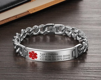Personalized medical alert id bracelet for men - customizable emergency medical jewelry