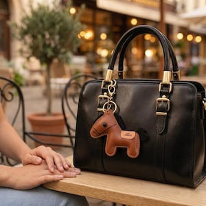 Puede incluir: Bolso de mano de cuero negro con herrajes dorados y un llavero con forma de caballo marrón. El bolso tiene dos asas superiores y una correa para el hombro desmontable. El llavero de caballo tiene el nombre "Alice".