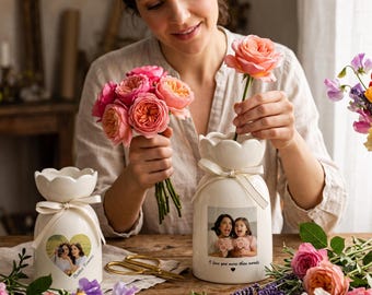 Personalisierte Fotovase, individuelle Keramikvase mit Text, Erinnerungsvase mit Foto, individuelles Geschenk für Mama, Andenken zum Hochzeitstag