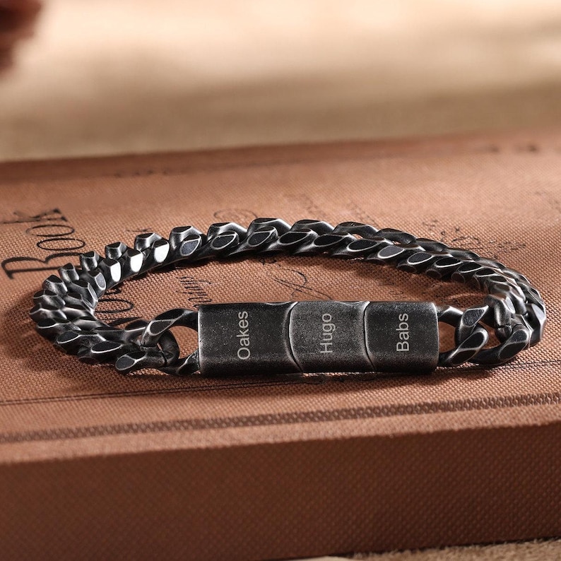Personalized mens cuban link bracelet, black stainless steel curb link chain bracelet, hip hop chain, name bracelet, father dad bracelet image 1