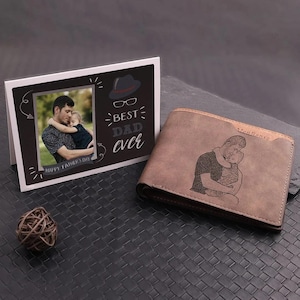 Personalized men's engraved photo wallet custom with engraving father's day gift for dad for him