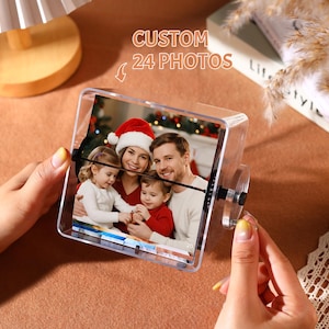 Personalized Hand Crank Photo Album, Custom 24 Photos Flip Frame, Clear Acrylic Memory Box, Retro Desk Decor, Gift for Mom Dad Couples