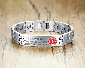 May include: Silver magnetic bracelet with a red medical symbol and the text "AUTISM AWARENESS ICD MOM 123 456 7890 ICD DAD 123 456 789093".
