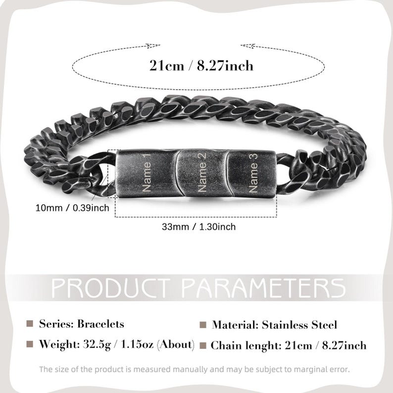Personalized mens cuban link bracelet, black stainless steel curb link chain bracelet, hip hop chain, name bracelet, father dad bracelet image 4