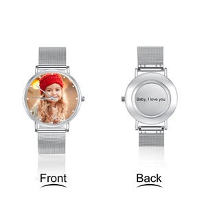 Custom photo watch for women,family photo watch,engraved text watches for her,picture watch,anniversary gifts for wife, girlfriend,mom Silver