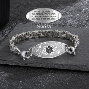 Gepersonaliseerde medische alarmarmband voor heren, aangepast met teksten noodalarm-id-armband, cadeau voor epilepsie, allergieën en diabetes