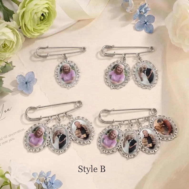 May include: Silver-toned brooch pins with oval photo pendants. Each pin features a safety pin design with multiple pendants. The pendants display portraits of people. The text "Style B" is at the bottom of the image.