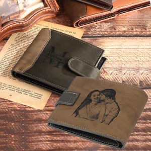 Cartera con monograma personalizada, foto personalizada y nombre, cartera de cuero para hombre, regalos para el día del padre, regalos de aniversario