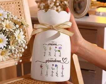 Custom Birth Flower Vase, First Mom Now Grandma Ceramic, Personalized Nana Garden Gift