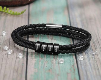 Personalisiertes geflochtenes Leder Herrenarmband, Herren Familienarmband, benutzerdefinierte Name Perlen Armband, Geschenke für Ehemann, Vater Geschenk
