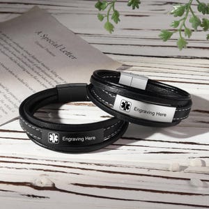 Custom medical alert bracelet-emergency medical alert id pu leather bracelets-personalized engraving jewelry emergency id name waterproof