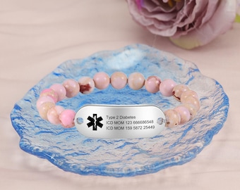 Customized medical alert bracelet for women - stylish beaded id bracelet with custom engraving - perfect gift for allergies & diabetes