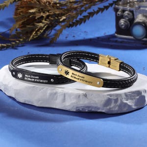Personalized medical alert bracelet id wristbands custom texts leather bracelet gifts for men
