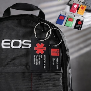 Personalized medical alert luggage tag,type 1 diabetes, engraved id for emergency contact, backpack suitcase tag,allergy alert luggage tag