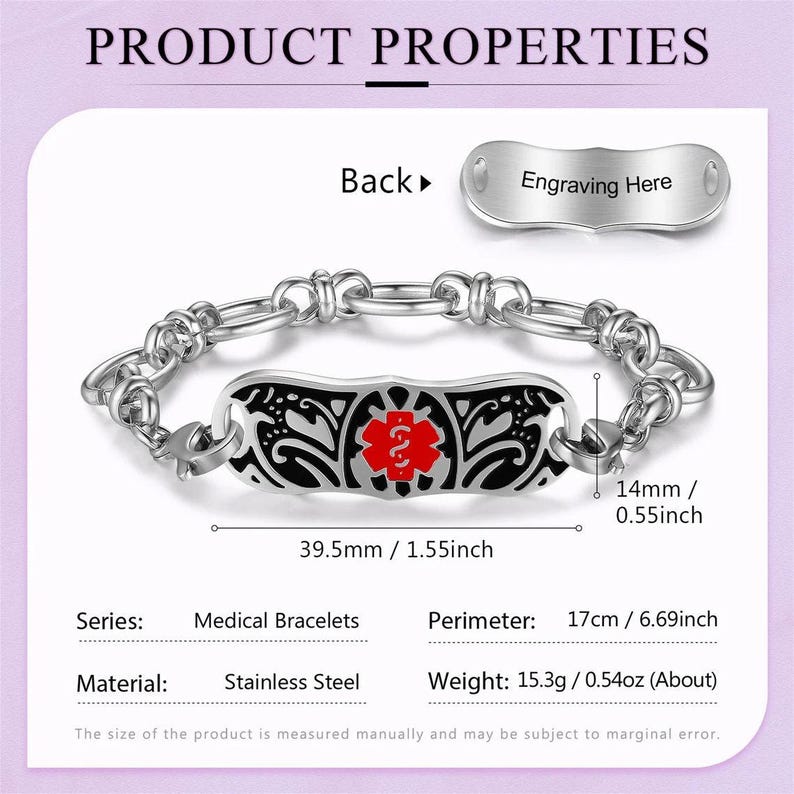 Personalized medical alert bracelet for women, autism, dementia, diabetic, medical id bracelet,custom medical jewelry, Style 4
