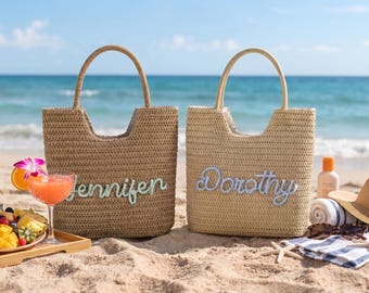 Personalisierte Strandtasche mit Namen, individuell gehäkelte Geschenktasche für Brautjungfern, Stroh-Gastgeschenk für die Hochzeit, Boho-Sommertasche, Geschenk für Brautjungfern