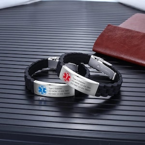 Pulsera de alerta médica personalizada en 2 colores: pulsera de silicona grabada personalizada, identificación médica de contacto de emergencia SOS
