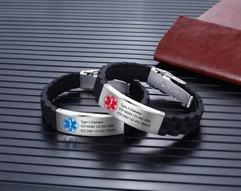 Personalized medical alert bracelet 2 colors- custom engraved silicone bracelet - emergency contact sos medic id name