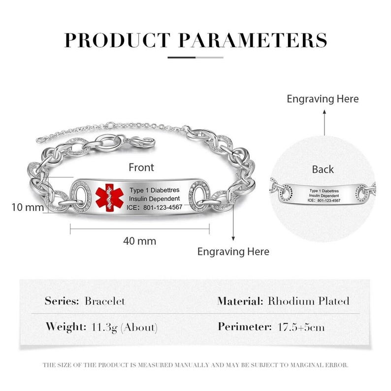 Adjustable medical emergency contact bracelet women 5 styles- custom medical id alert bracelet for her- womens copper chain bracelet style 1