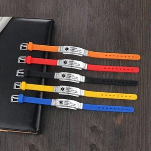 Adjustable medical alert bracelet 4 colors- custom engraved silicone medic id bracelet - emergency contact sos medic id name