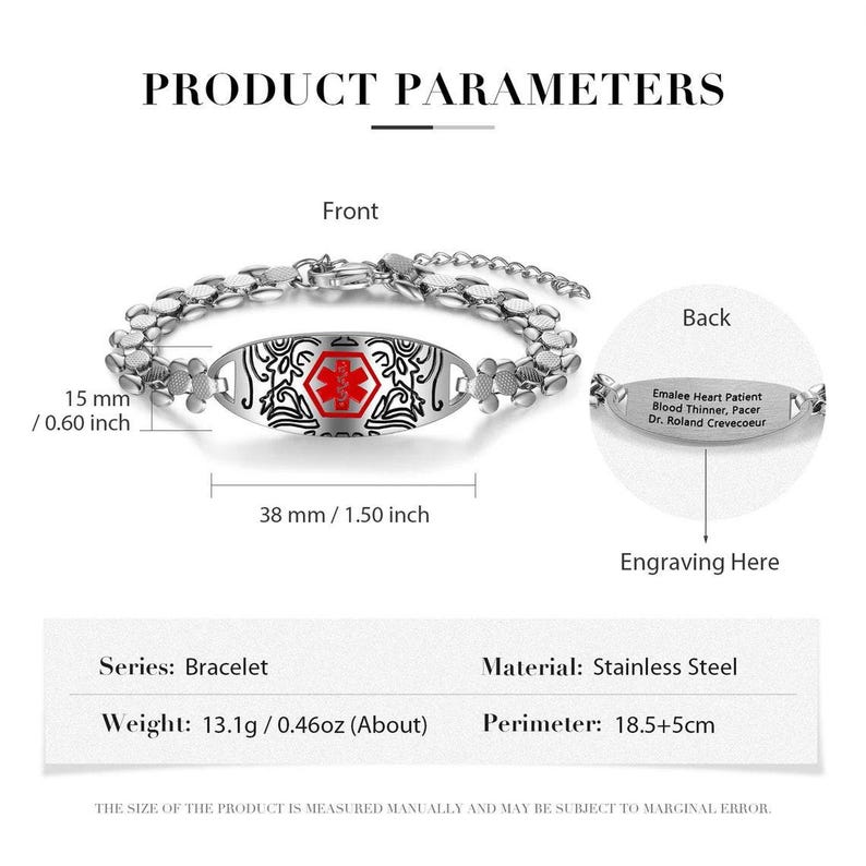 Personalized medical alert bracelet for women, autism, dementia, diabetic, medical id bracelet,custom medical jewelry, Style 3